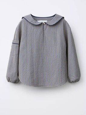 Zara Girls Checked Peter Pan Collar Blouse in Navy and Cream
